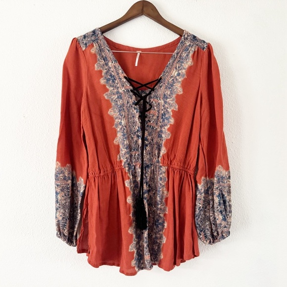 Free People L Wildest Moment Lace Up Tunic Bohemian Indie Rust Festival - Picture 2 of 15